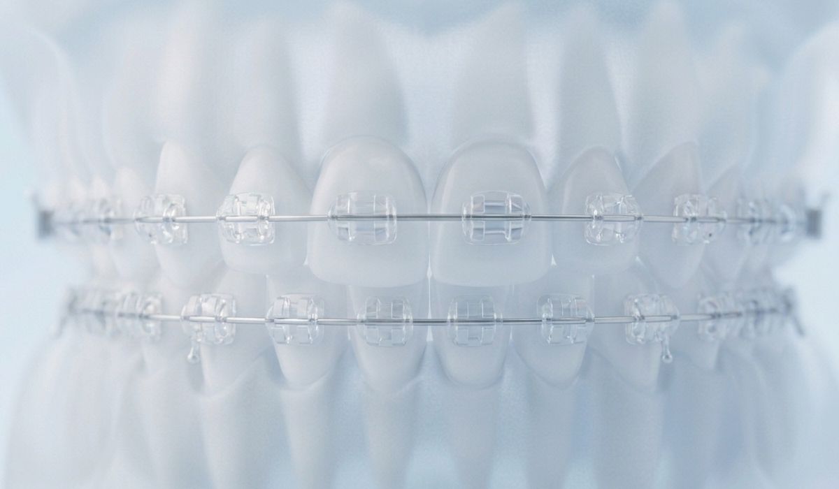 Brackets esteticos de zafiro transparentes colocados en una dentadura estetica.